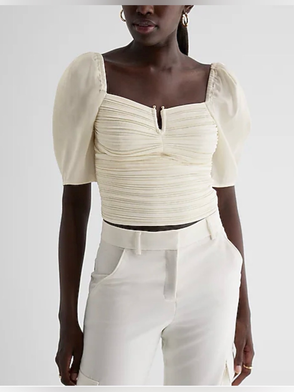 NWT Express Cream Ruched Puff-Sleeve Crop Top - Women